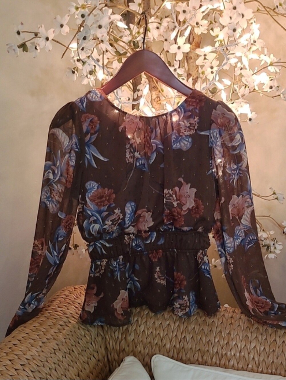 NWOT Floral Peplum Long-Sleeve Top - Chocolate Brown
